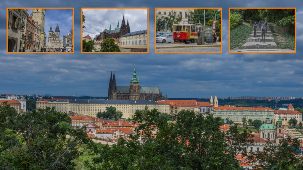 Some impressions of Prague. Main picture: Prague Castle from the distance. Inlays: market place, different view on Prague Castle, old tram, and sculptures in a park.